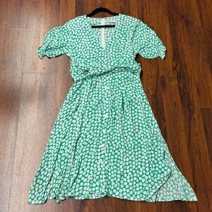 Faithfull the Brand Green White Floral Midi Dress Puff Sleeve Wrap Tie Medium